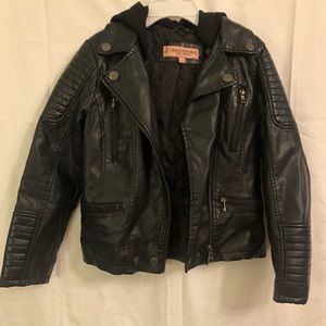 Urban Republic black vegan leather hoodie moto jacket.